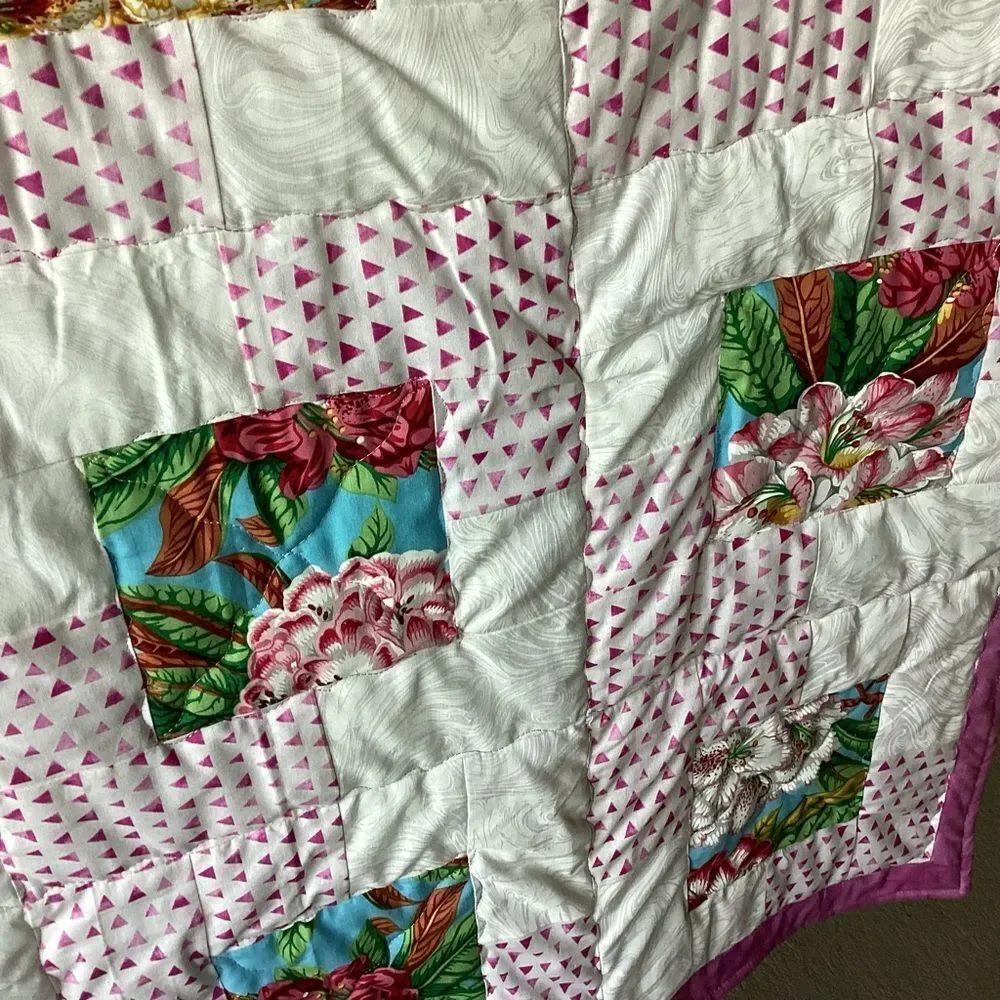 NWT. Hand Crafted Floral Patchwork Quilt with Pink and White Accents